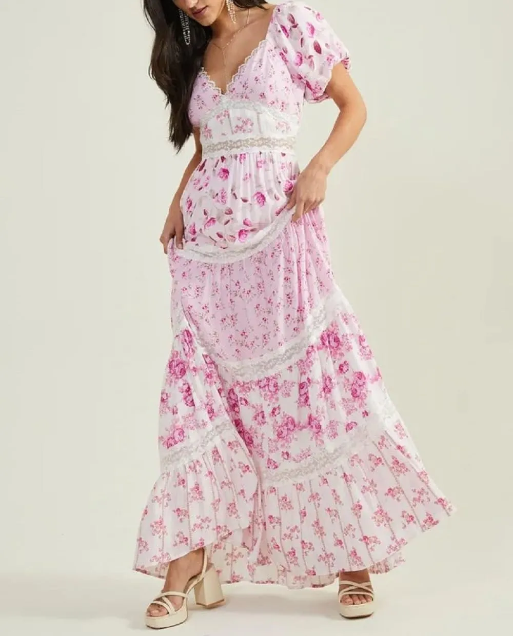 Women Floral Patchwork Puff Sleeve Maxi Dress Boho Square Neck Smocked Flowy Dress Y2k Tiered Ruffle Beach Sundress