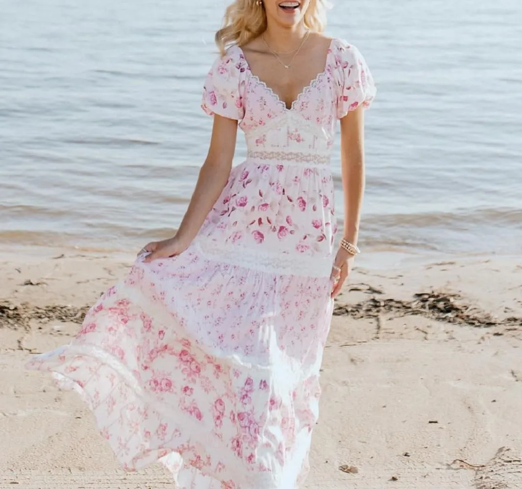 Women Floral Patchwork Puff Sleeve Maxi Dress Boho Square Neck Smocked Flowy Dress Y2k Tiered Ruffle Beach Sundress