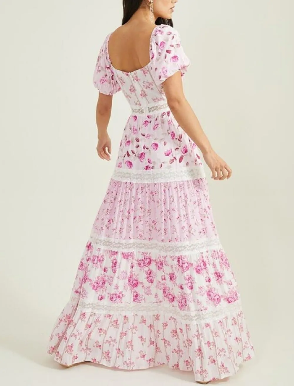 Women Floral Patchwork Puff Sleeve Maxi Dress Boho Square Neck Smocked Flowy Dress Y2k Tiered Ruffle Beach Sundress