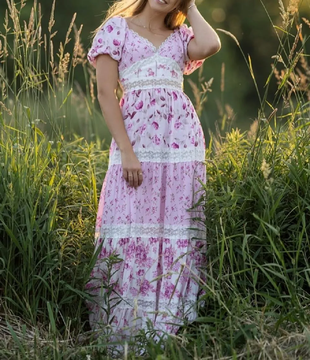 Women Floral Patchwork Puff Sleeve Maxi Dress Boho Square Neck Smocked Flowy Dress Y2k Tiered Ruffle Beach Sundress