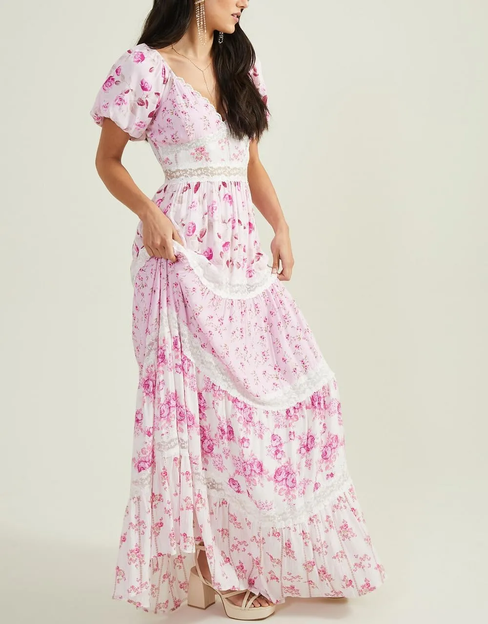 Women Floral Patchwork Puff Sleeve Maxi Dress Boho Square Neck Smocked Flowy Dress Y2k Tiered Ruffle Beach Sundress