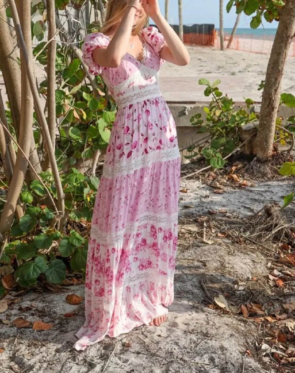 Women Floral Patchwork Puff Sleeve Maxi Dress Boho Square Neck Smocked Flowy Dress Y2k Tiered Ruffle Beach Sundress