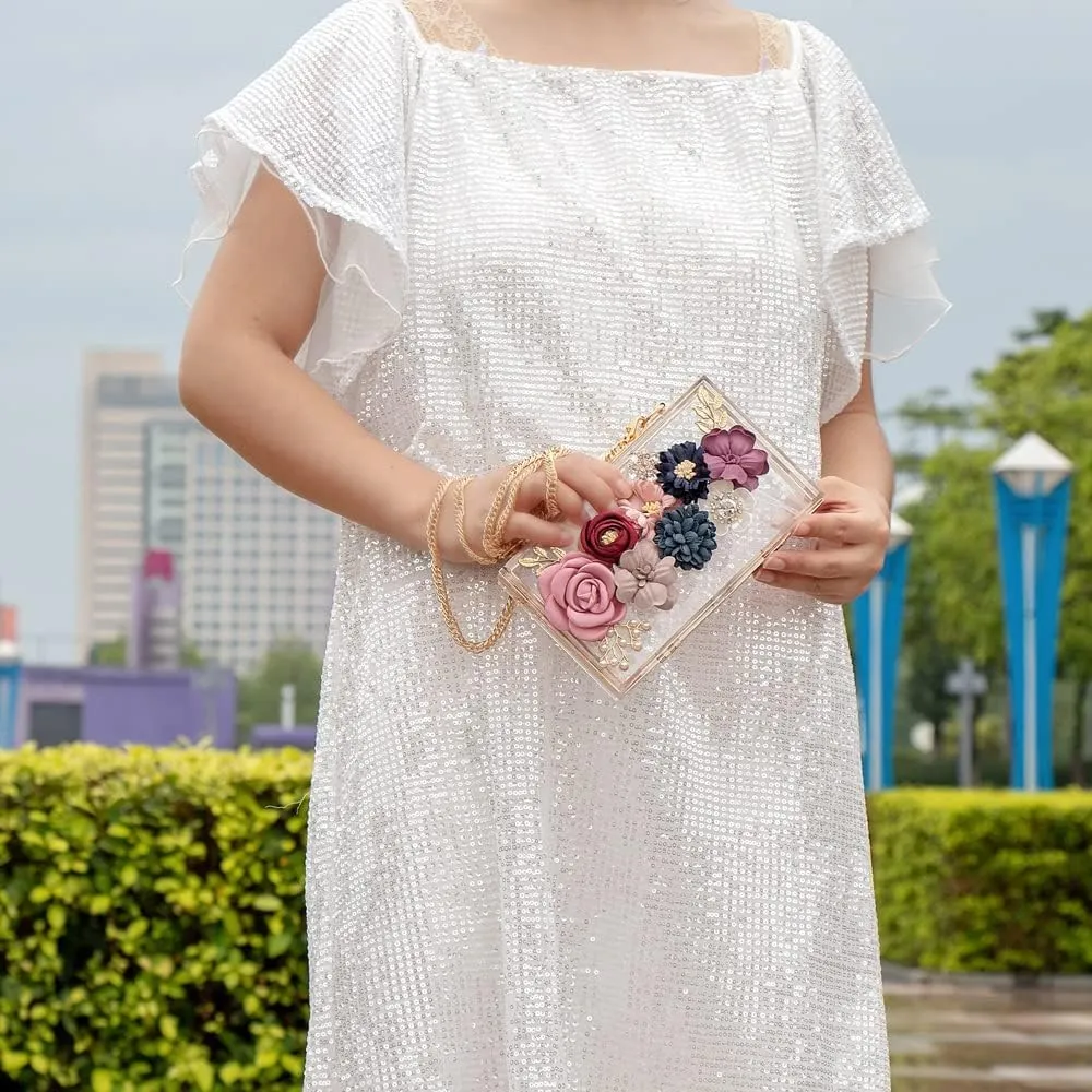 Women Flower Clutches Crossbody Purse Evening Bags Chain Strap For Wedding Prom Banquet Gift Golden Frame