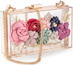 Women Flower Clutches Crossbody Purse Evening Bags Chain Strap For Wedding Prom Banquet Gift Golden Frame