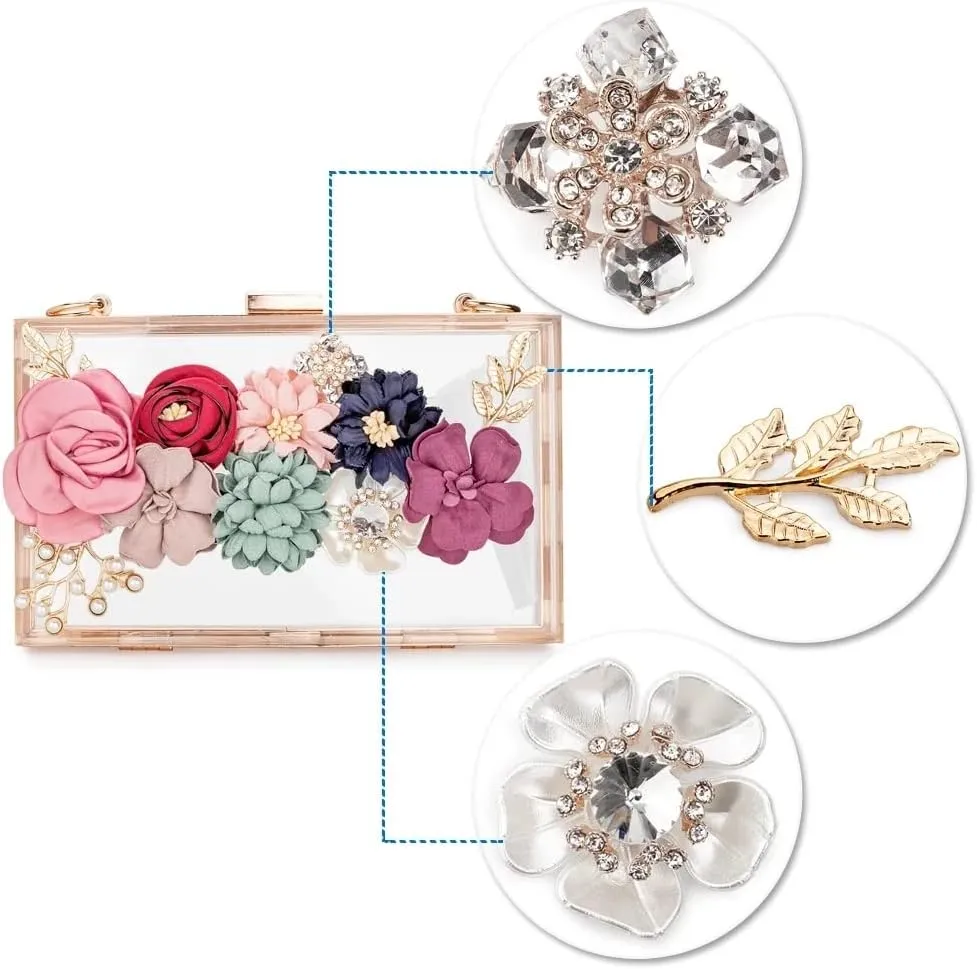 Women Flower Clutches Crossbody Purse Evening Bags Chain Strap For Wedding Prom Banquet Gift Golden Frame