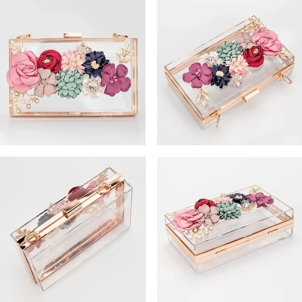Women Flower Clutches Crossbody Purse Evening Bags Chain Strap For Wedding Prom Banquet Gift Golden Frame