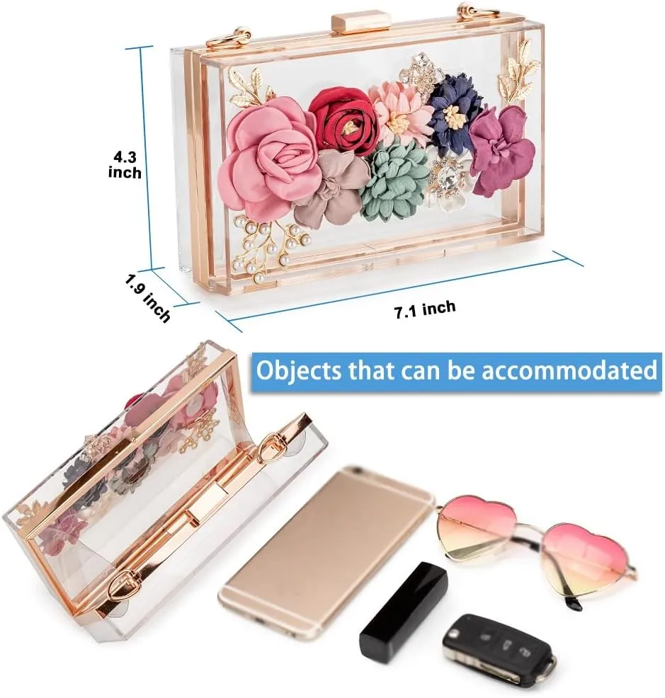 Women Flower Clutches Crossbody Purse Evening Bags Chain Strap For Wedding Prom Banquet Gift Golden Frame