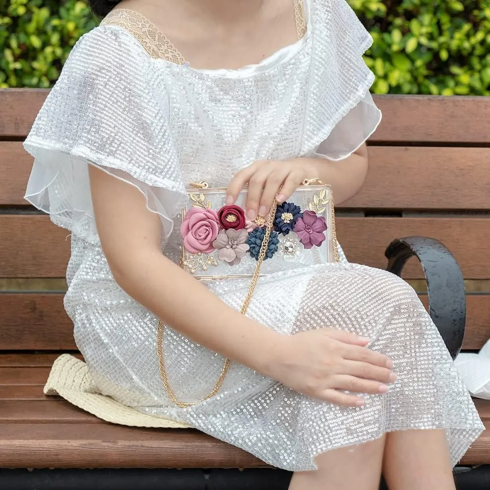 Women Flower Clutches Crossbody Purse Evening Bags Chain Strap For Wedding Prom Banquet Gift Golden Frame