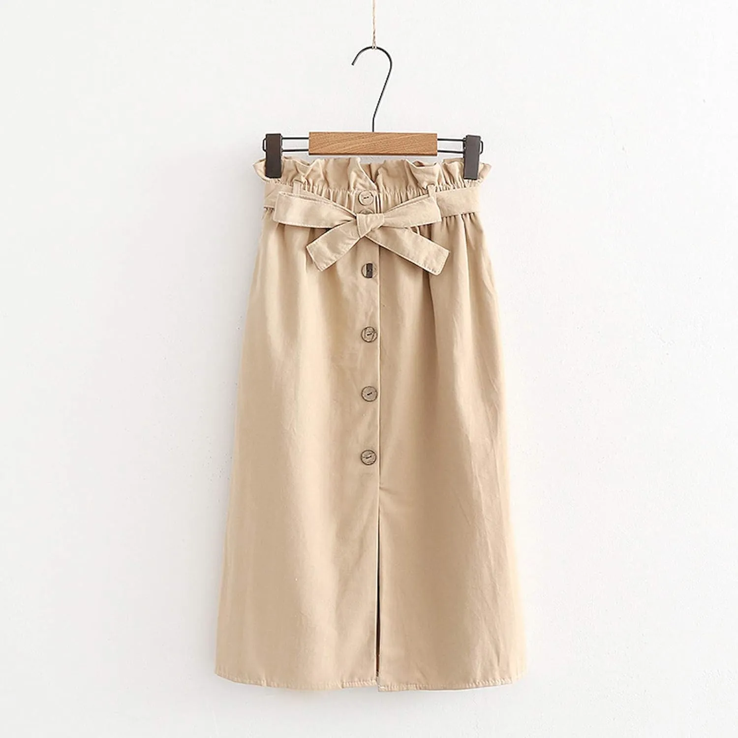 Women Girls High Waist Flared Skirt Cotton Pleated Midi A-line Buttoned