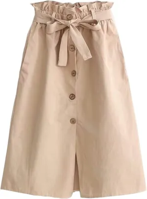 Women Girls High Waist Flared Skirt Cotton Pleated Midi A-line Buttoned
