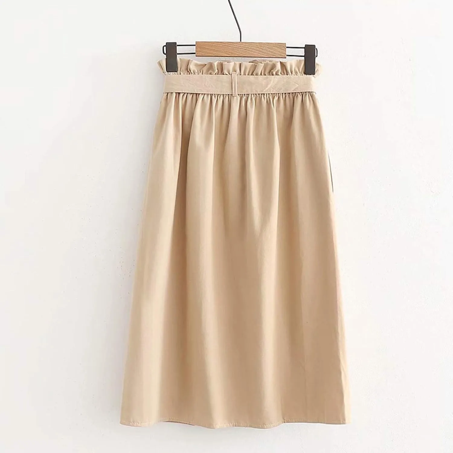 Women Girls High Waist Flared Skirt Cotton Pleated Midi A-line Buttoned