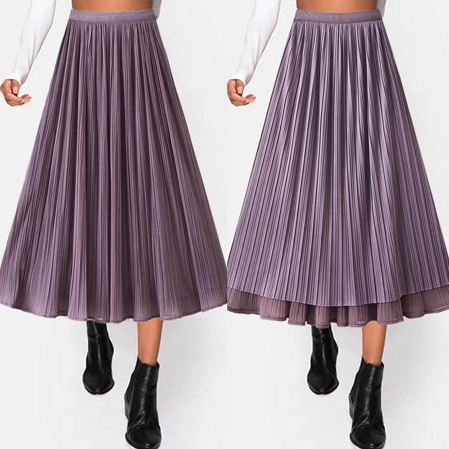 Women High Elastic Waist Pleated Chiffon Skirt Midi Swing A-line Skirts Elastic Waist Knee Length Half Dress