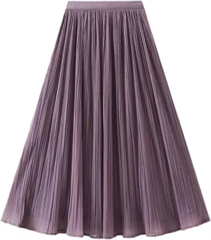 Women High Elastic Waist Pleated Chiffon Skirt Midi Swing A-line Skirts Elastic Waist Knee Length Half Dress