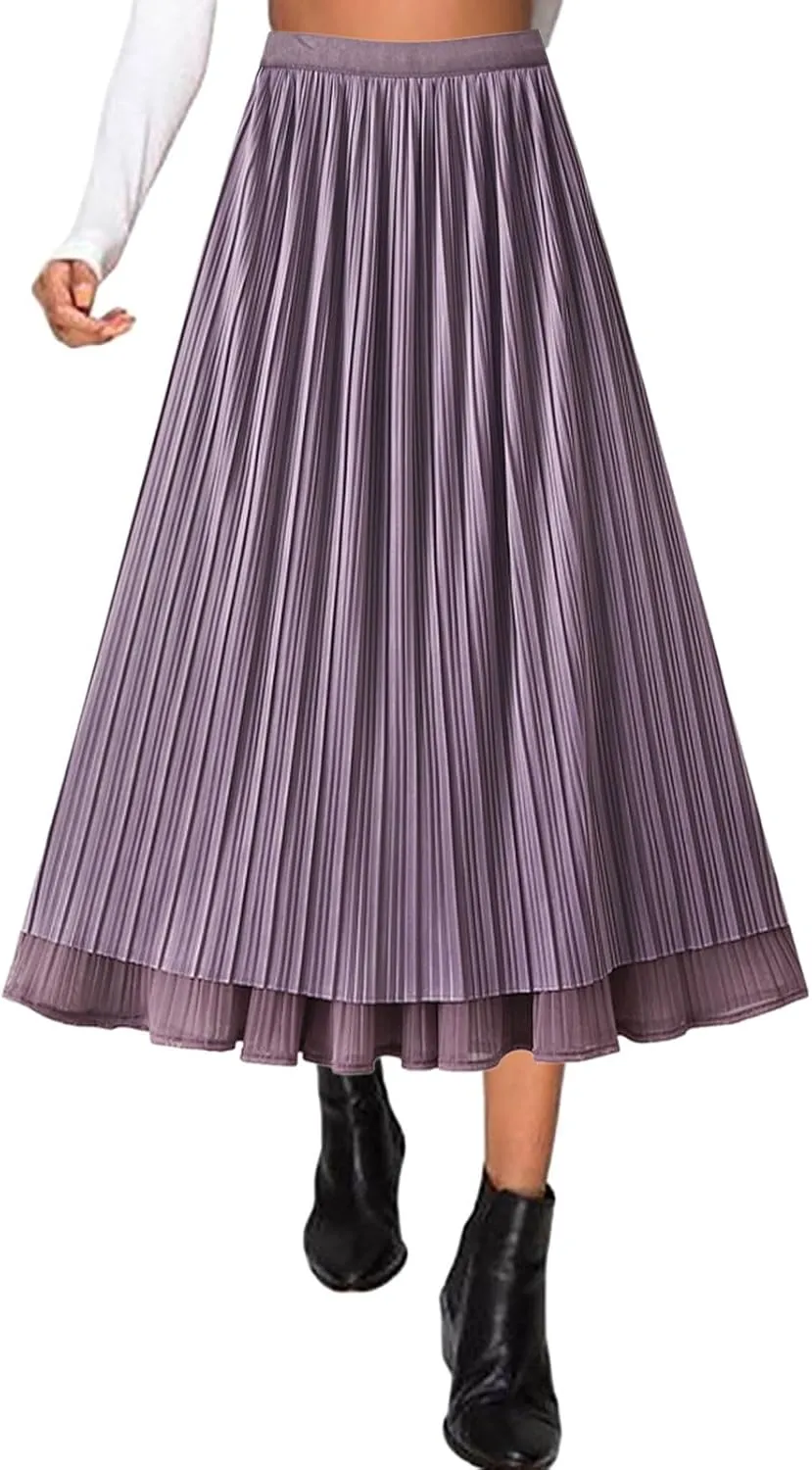 Women High Elastic Waist Pleated Chiffon Skirt Midi Swing A-line Skirts Elastic Waist Knee Length Half Dress