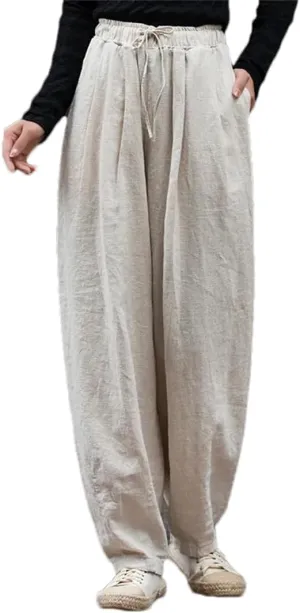 Women High Waist Casual Harem Pants Vintage Solid Loose Elastic Waist Trousers with Pockets