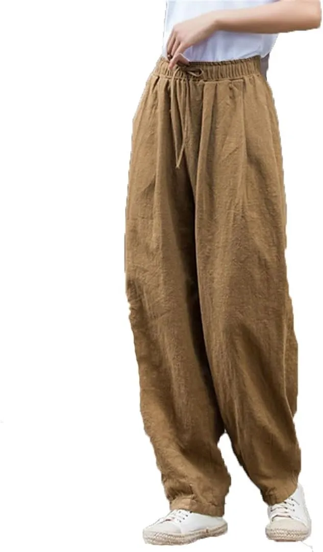 Women High Waist Casual Harem Pants Vintage Solid Loose Elastic Waist Trousers with Pockets