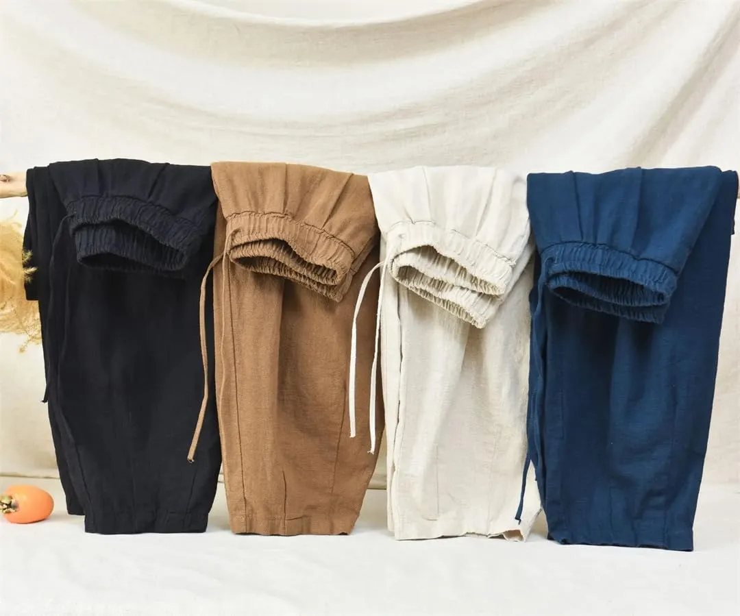 Women High Waist Casual Harem Pants Vintage Solid Loose Elastic Waist Trousers with Pockets