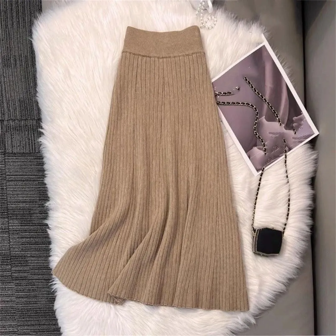 Women Knitted Midi Skirts Fashion Pleated Skirt Fall Winter Ladies Korean High Waist Slim A Line Skirt