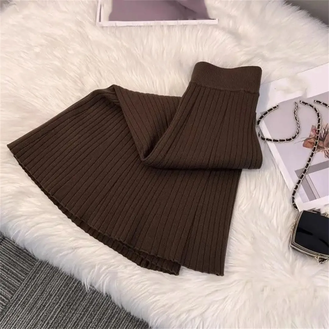 Women Knitted Midi Skirts Fashion Pleated Skirt Fall Winter Ladies Korean High Waist Slim A Line Skirt