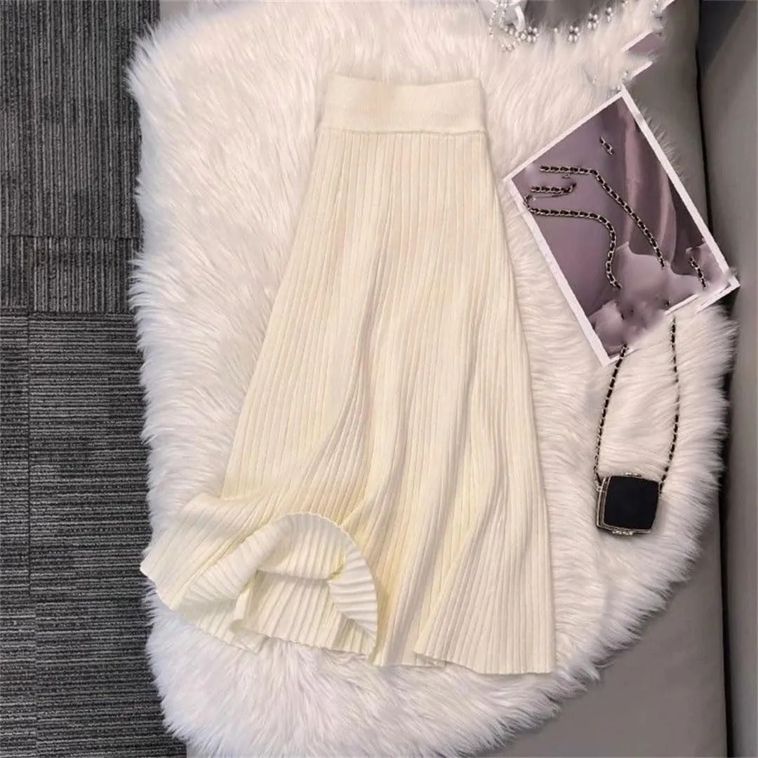 Women Knitted Midi Skirts Fashion Pleated Skirt Fall Winter Ladies Korean High Waist Slim A Line Skirt