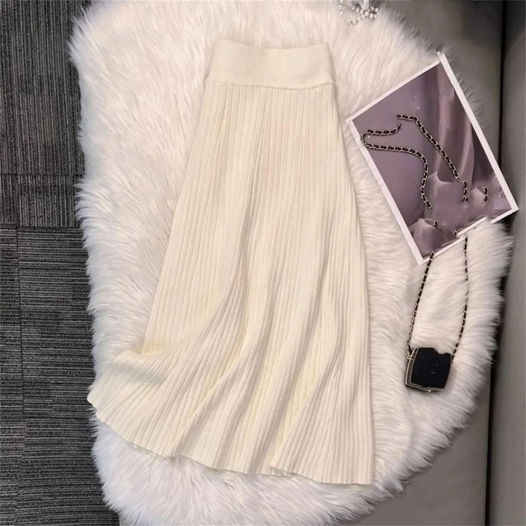 Women Knitted Midi Skirts Fashion Pleated Skirt Fall Winter Ladies Korean High Waist Slim A Line Skirt
