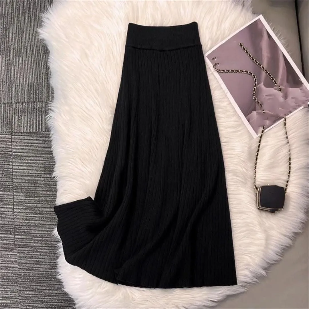 Women Knitted Midi Skirts Fashion Pleated Skirt Fall Winter Ladies Korean High Waist Slim A Line Skirt
