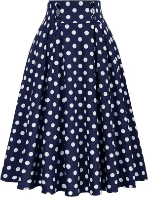 Women Long Skirt High Waist Button Midi Skirts Cute Polka Dots Print Pleated Skirt Relaxed Fit Flowy Casual Skirt
