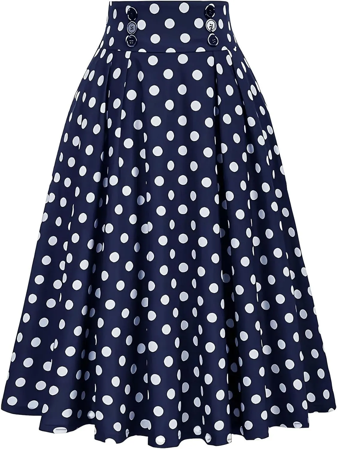Women Long Skirt High Waist Button Midi Skirts Cute Polka Dots Print Pleated Skirt Relaxed Fit Flowy Casual Skirt