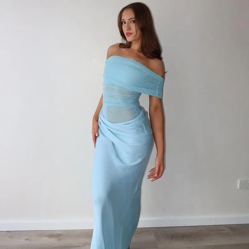 Women Off Shoulder Bodycon Maxi Dress Layered Mesh Ruched Hollow Out Party Formal Wedding Guest Dresses for Party