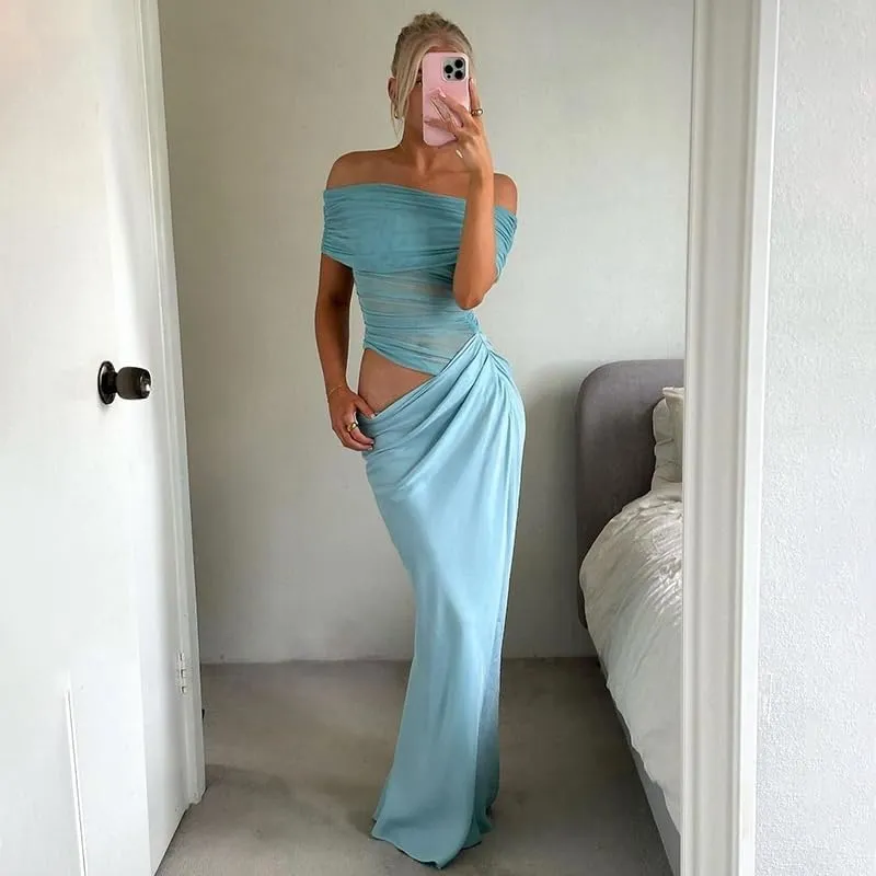 Women Off Shoulder Bodycon Maxi Dress Layered Mesh Ruched Hollow Out Party Formal Wedding Guest Dresses for Party