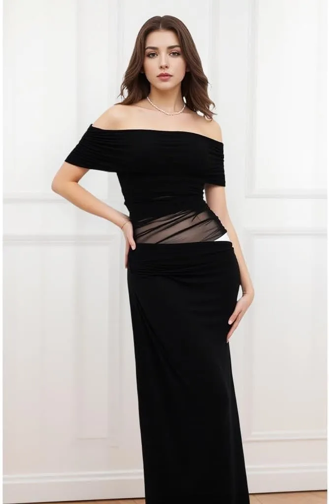 Women Off Shoulder Bodycon Maxi Dress Layered Mesh Ruched Hollow Out Party Formal Wedding Guest Dresses for Party