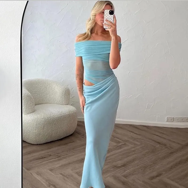 Women Off Shoulder Bodycon Maxi Dress Layered Mesh Ruched Hollow Out Party Formal Wedding Guest Dresses for Party