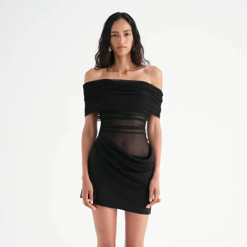 Women Off Shoulder Bodycon Maxi Dress Layered Mesh Ruched Hollow Out Party Formal Wedding Guest Dresses for Party