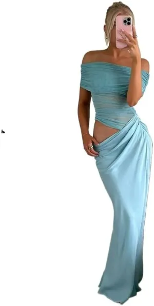 Women Off Shoulder Bodycon Maxi Dress Layered Mesh Ruched Hollow Out Party Formal Wedding Guest Dresses for Party