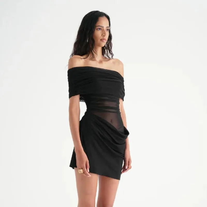 Women Off Shoulder Bodycon Maxi Dress Layered Mesh Ruched Hollow Out Party Formal Wedding Guest Dresses for Party