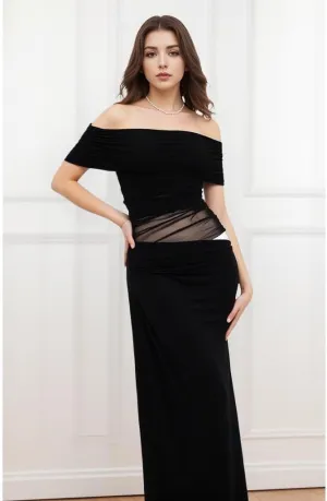 Women Off Shoulder Bodycon Maxi Dress Layered Mesh Ruched Hollow Out Party Formal Wedding Guest Dresses for Party