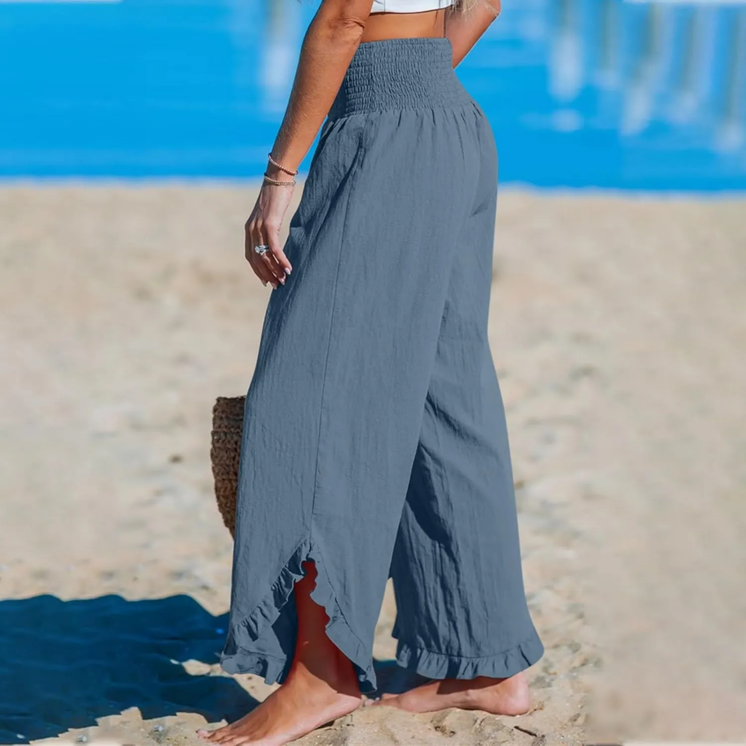 Women Ruffle Cuffs Straight Leg Pants Solid Smocked High Waist Lounge Pant Casual Loose Fit Beach Trousers