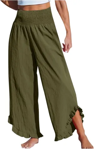 Women Ruffle Cuffs Straight Leg Pants Solid Smocked High Waist Lounge Pant Casual Loose Fit Beach Trousers