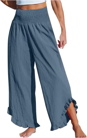 Women Ruffle Cuffs Straight Leg Pants Solid Smocked High Waist Lounge Pant Casual Loose Fit Beach Trousers