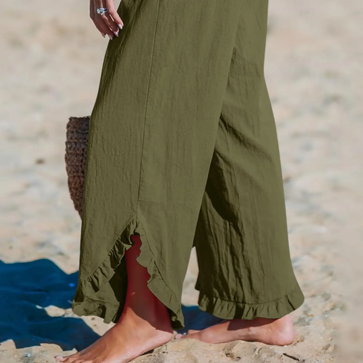 Women Ruffle Cuffs Straight Leg Pants Solid Smocked High Waist Lounge Pant Casual Loose Fit Beach Trousers