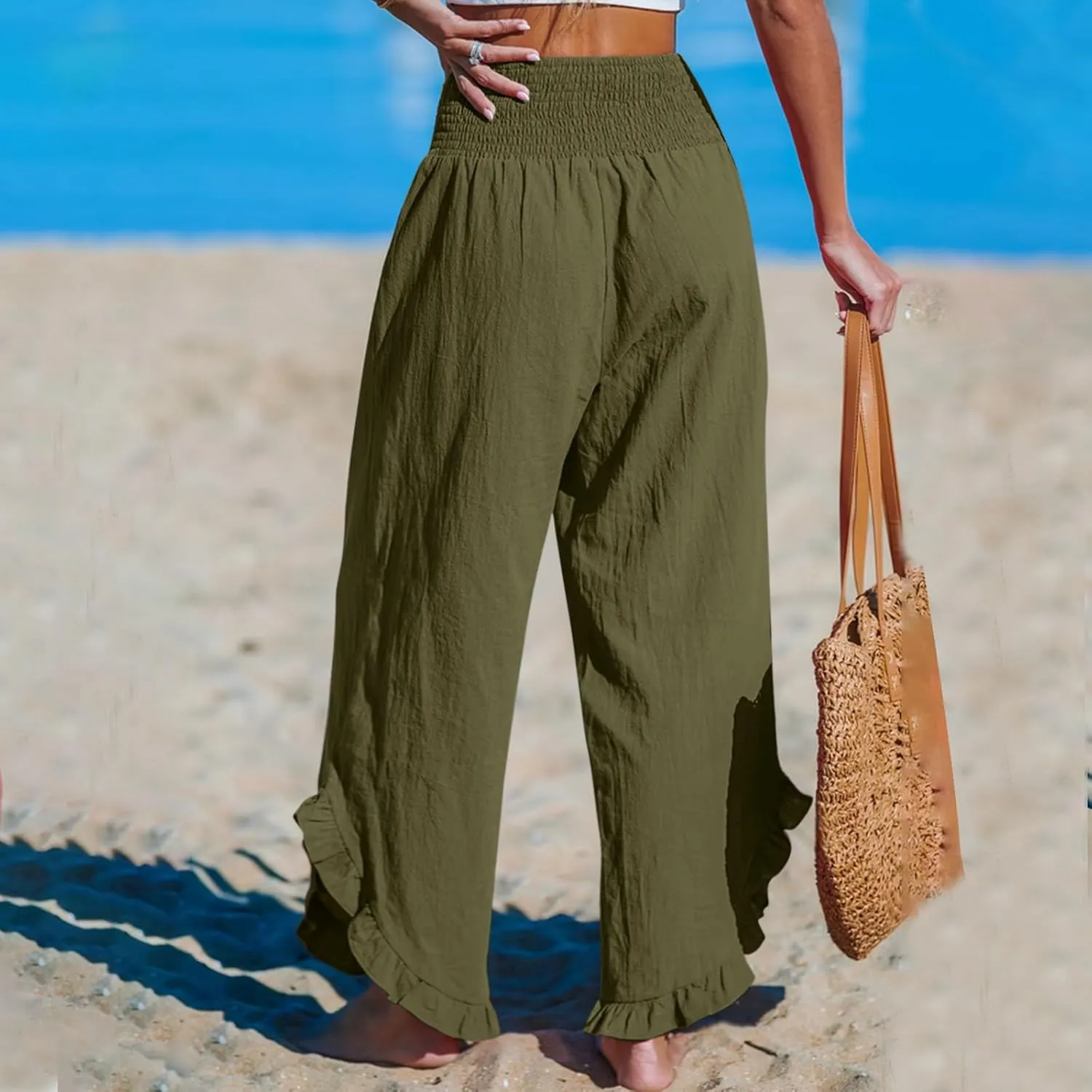 Women Ruffle Cuffs Straight Leg Pants Solid Smocked High Waist Lounge Pant Casual Loose Fit Beach Trousers