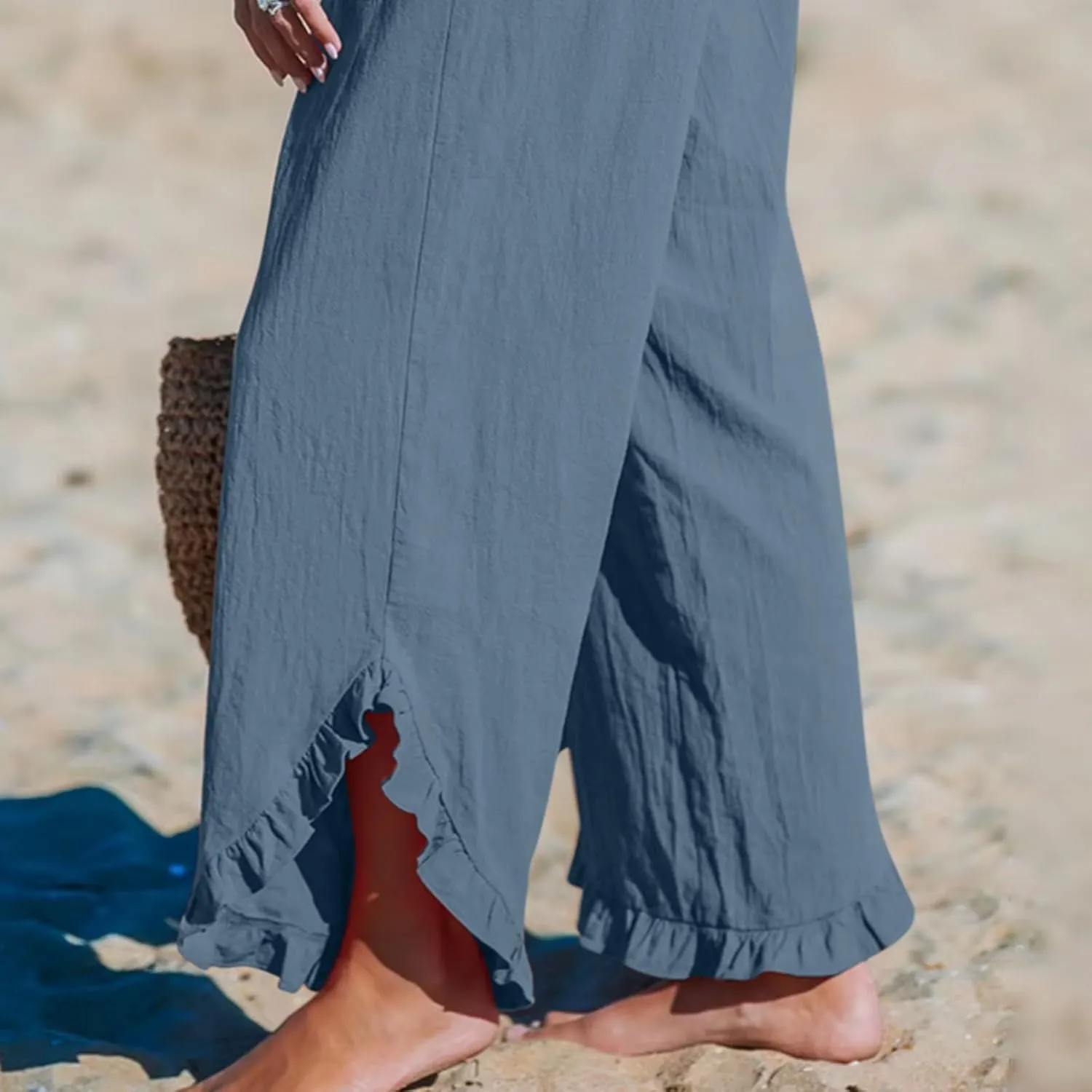 Women Ruffle Cuffs Straight Leg Pants Solid Smocked High Waist Lounge Pant Casual Loose Fit Beach Trousers