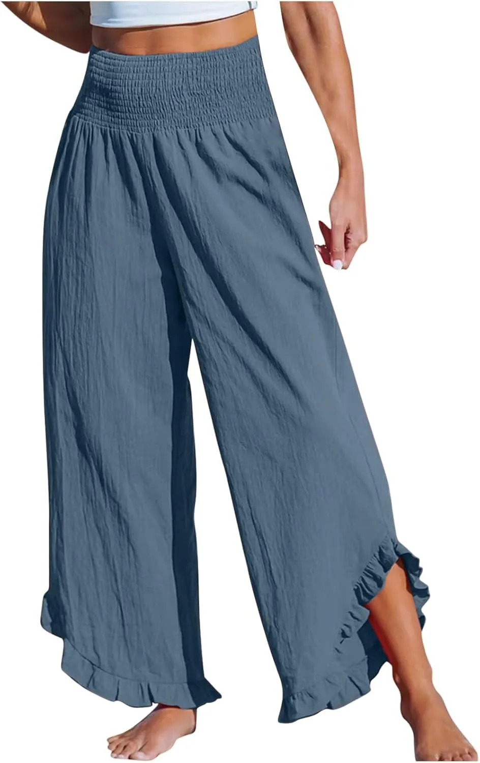 Women Ruffle Cuffs Straight Leg Pants Solid Smocked High Waist Lounge Pant Casual Loose Fit Beach Trousers