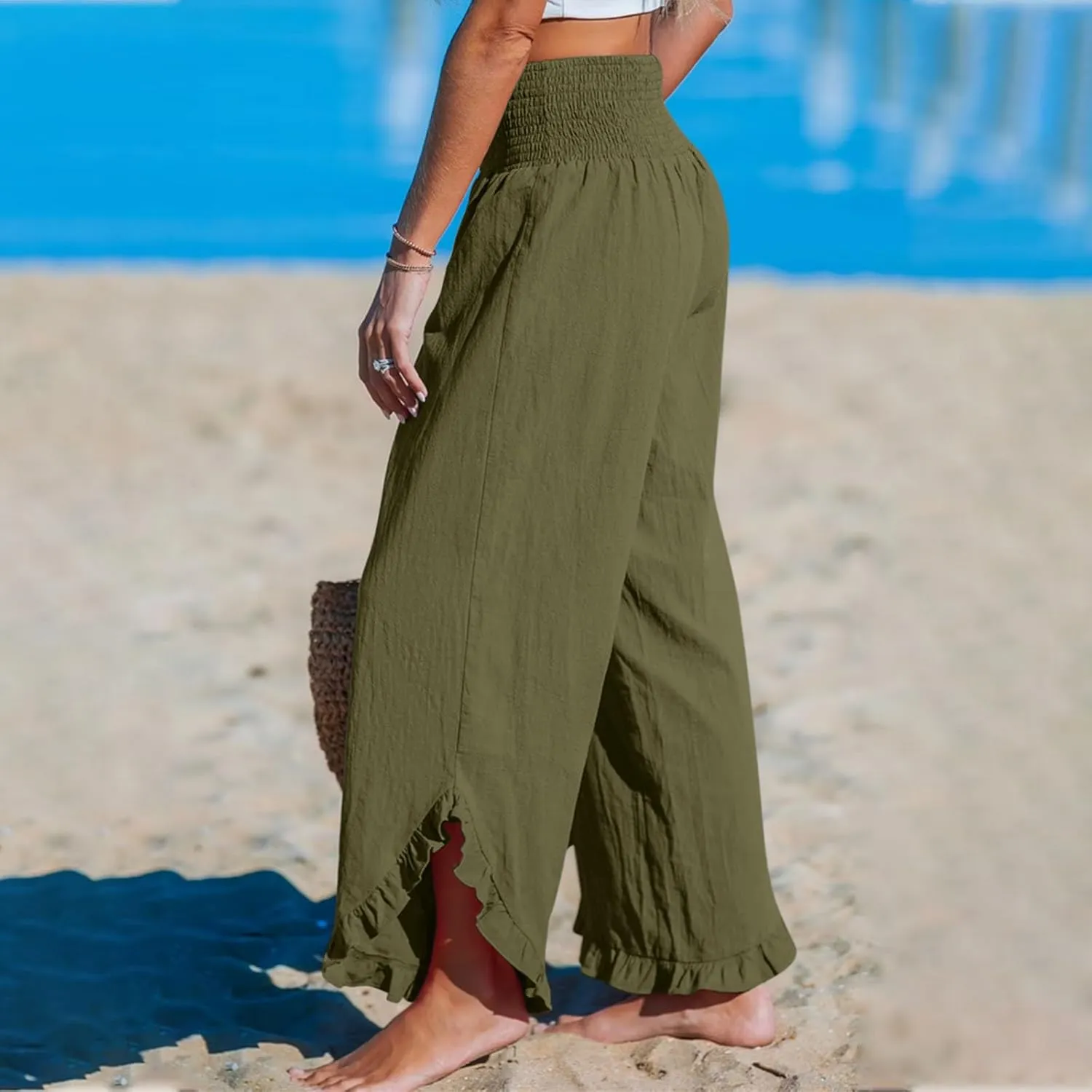 Women Ruffle Cuffs Straight Leg Pants Solid Smocked High Waist Lounge Pant Casual Loose Fit Beach Trousers