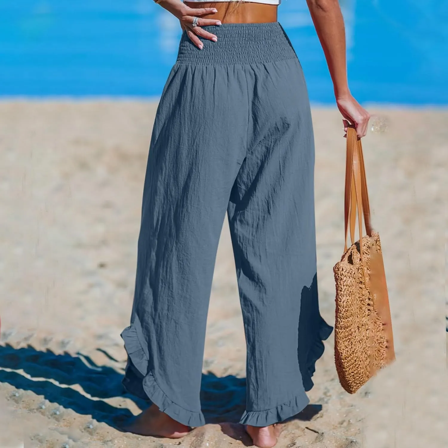 Women Ruffle Cuffs Straight Leg Pants Solid Smocked High Waist Lounge Pant Casual Loose Fit Beach Trousers