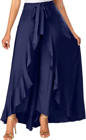 Women Ruffle Pants with Skirt Overlay High Waisted Culottes Skirt Trendy 2 in 1 Pants Skirts Flowy Lace Up Maxi Skirt