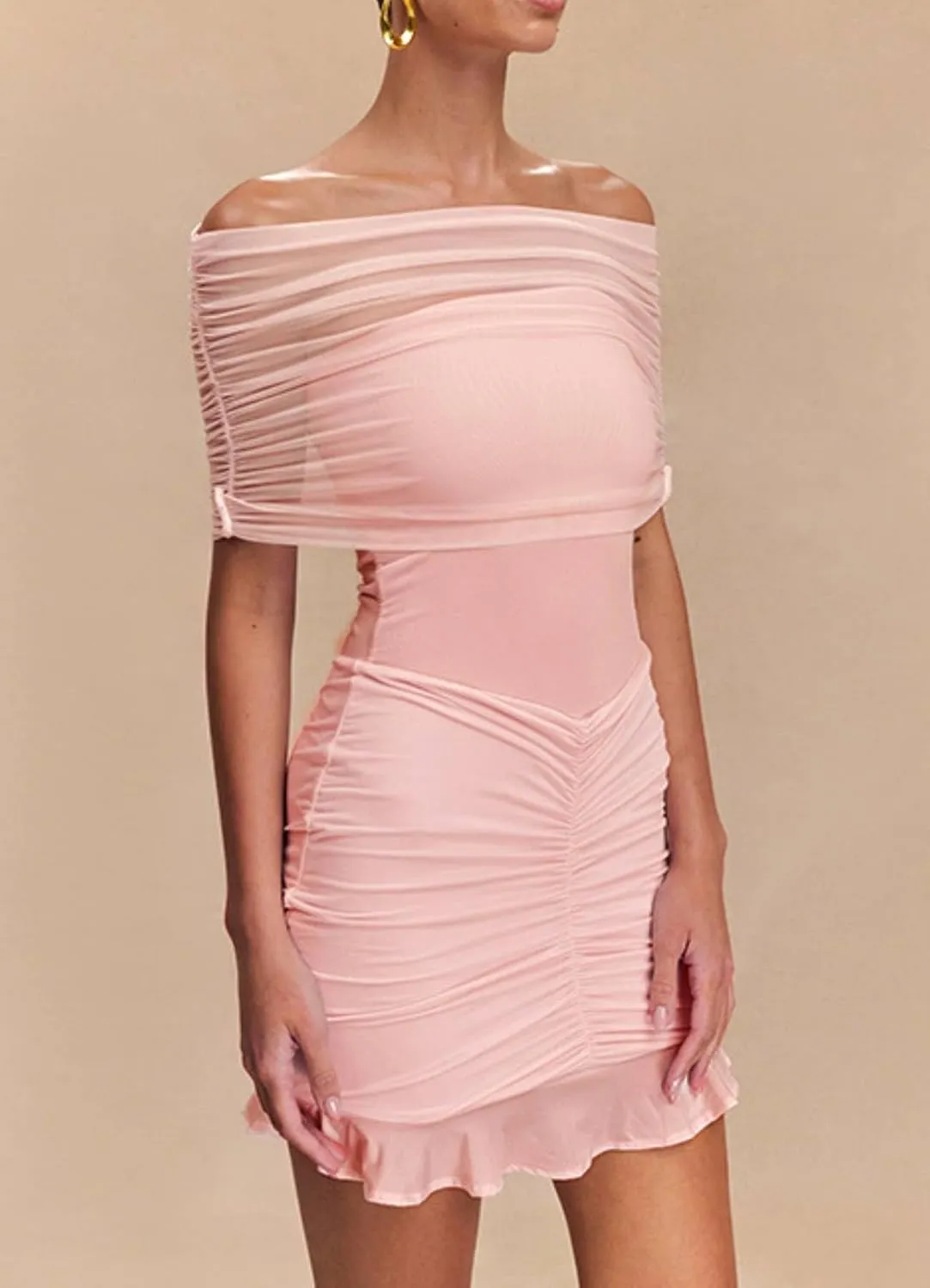 Women Sexy Strapless Off Shoulder Mesh Tube Mini Dress Sleeveless Ruffle Backless Bodycon Short Dresses Club Night Out
