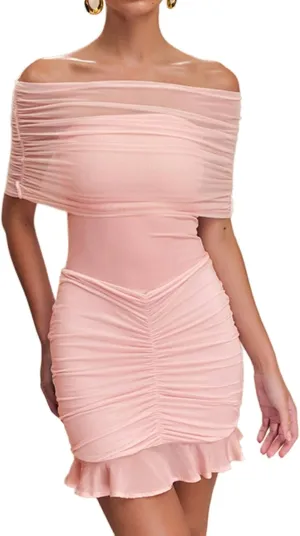 Women Sexy Strapless Off Shoulder Mesh Tube Mini Dress Sleeveless Ruffle Backless Bodycon Short Dresses Club Night Out