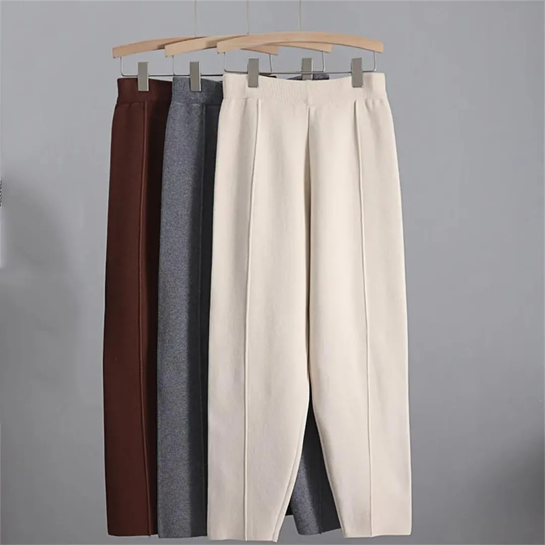 Women Solid Harem Pants Knitted Thick Warm Carrot Trouser Vintage Casual Elastic Waist Pants