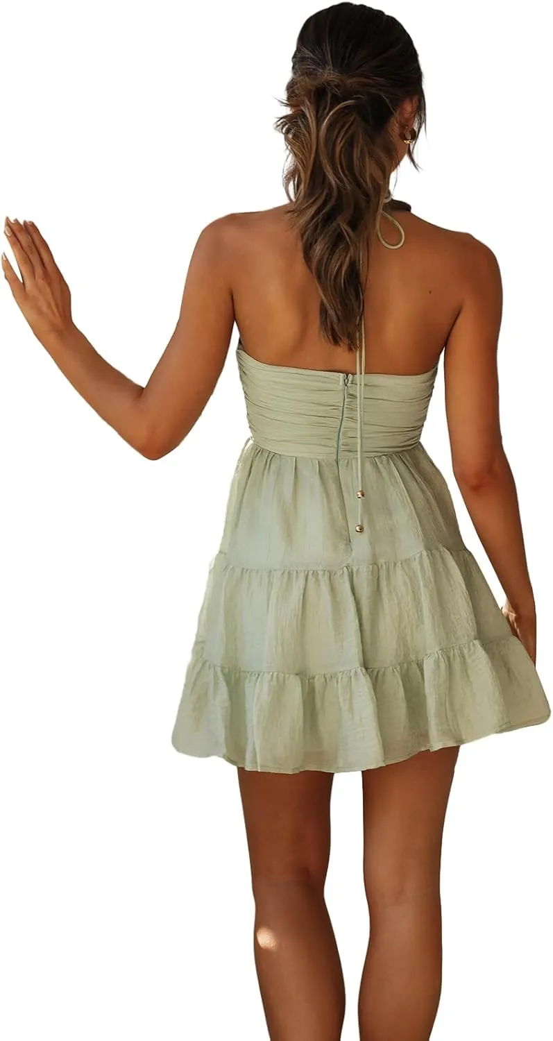 Women Spaghetti Strap Mini Dress Summer Sexy Tie Backless Flowy Sundress Sleeveless Casual Boho Tiered Short Dress